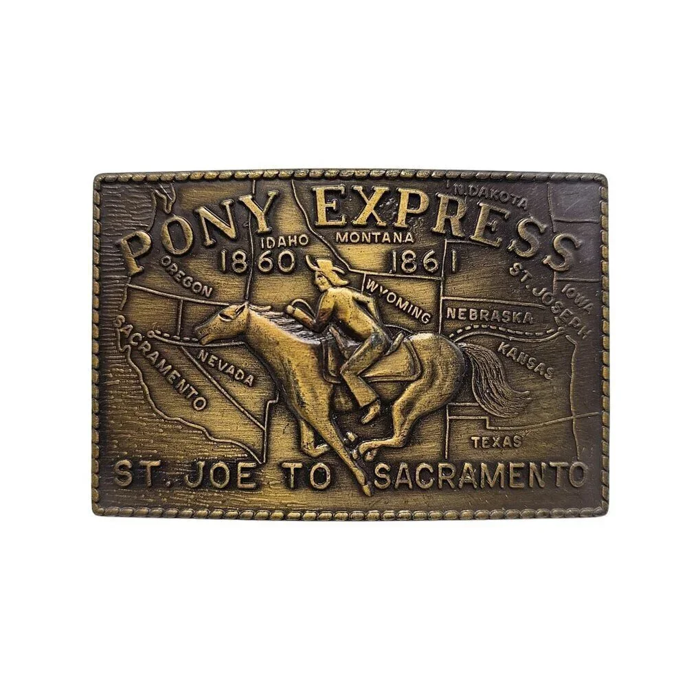 Vintage Pony Express St. Joe To Sacramento Belt Buckle 1860-1861 Antiqued Brass